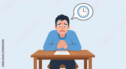 A stressed man sitting at a desk with a document thinking about the passing time