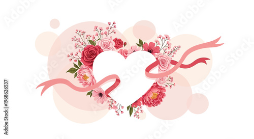 Heart shape with flowers and ribbon, Valentine's Day, love, romance, celebration