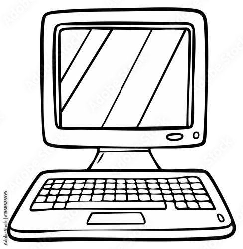 Cartoon illustration of a vintage computer with keyboard and monitor