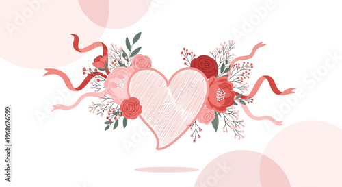 Heart Shape with Flowers and Ribbons - Romantic Design Element