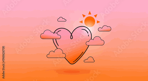 Heart Shape with Sun and Clouds, Pink Orange Gradient Sky