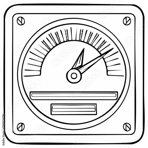 Monochrome indicator analog style drawing with a needle and scale in a square frame