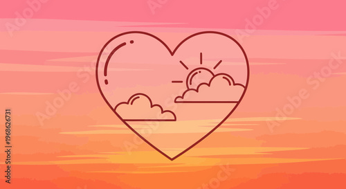 Heart Shape with Sunset Clouds and Sun - Love and Romance Concept
