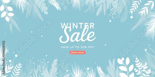 Winter sale banner with white leaves and snowflakes on a light blue background, save up to 50% off.