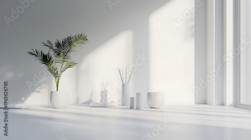 Minimalist interior with a potted plant on a white table by the window