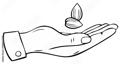 Line drawing of hand holding almonds, nutritional food, outline illustration