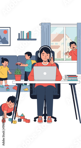 A stressed mother trying to work on her laptop while children play noisily nearby