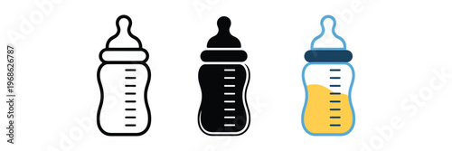 Baby bottle set: outline, filled silhouette, and full-color icon with milk; transparent background for infant nutrition.