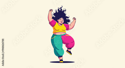An illustration of a plus-sized woman in colorful clothes dancing happily