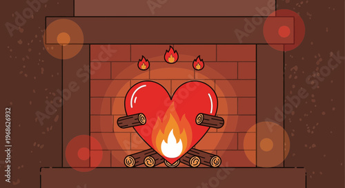 Heart shaped fireplace with glowing embers and burning logs, cozy warmth concept