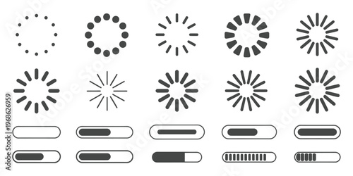 Collection of loading spinners and progress bars in various styles; circular and linear indicators on transparent background.