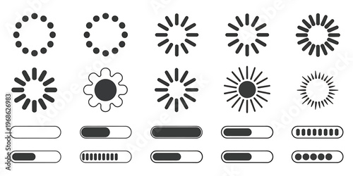 Comprehensive collection of loading spinners and progress bars, featuring diverse circular and linear designs on transparent backdrop.