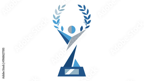 Blue and Silver Trophy Award Vector Icon Illustration Featuring a Human Figure Holding a Laurel Wreath for Success, Achievement, Leadership, and Excellence in Sports or Business Competitions.