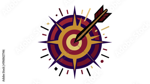 AI-generated vector icon illustration of a target bullseye with a sharp arrow hitting the center, featuring a stylized gold compass rose design in maroon and yellow, symbolizing success and aim.