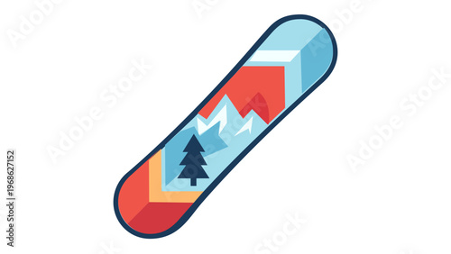 Vibrant flat vector illustration of a snowboard featuring a minimalist mountain landscape and pine tree graphic. Scalable AI-generated icon for winter sports, outdoor adventure, and hobby themes.