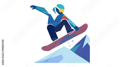 Vibrant vector illustration of a snowboarder performing a jump over snow-capped mountains, minimalist flat design icon for winter sports, outdoor adventure, and extreme action, AI-generated.