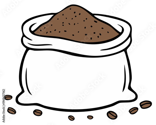 Graphic depiction of a full coffee bag surrounded by scattered coffee beans on the floor ready to be brewed fresh cartoon image