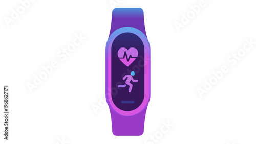 Modern fitness tracker smartwatch vector icon illustration with heart rate monitor and running activity symbol, featuring a vibrant blue and purple gradient design for health and sports apps.