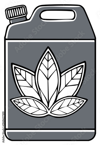 Grey canister with decorative leaves, vector packaging design element with organic leaf graphic and handle. Plastic containers.