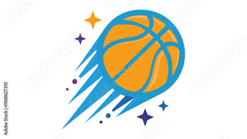 Dynamic basketball vector illustration featuring a ball in motion with fiery orange trails and sparkling stars, ideal for sports branding, athletic logos, fitness icons, and digital designs.