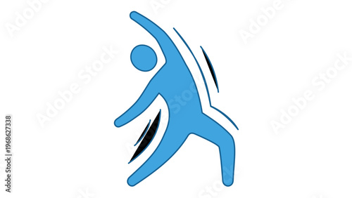 Blue minimalist vector icon illustration of a person performing a dynamic side stretch or yoga pose, featuring clean lines and motion effects, ideal for sports, fitness, health, and wellness apps.