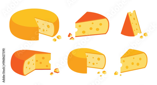 A colorful illustration depicting various cheese wedges and rounds with holes presented against a white background silhouette high quality professional detailed