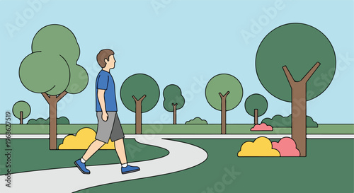 A man in casual clothes walking along a pathway in a park filled with greenery