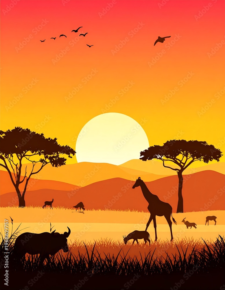 Fototapeta premium Savannah Sunset with Silhouetted Animals and Trees.