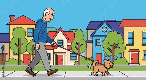 An elderly man walks his small tan dog along a sidewalk in a colorful suburb