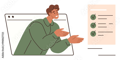 Remote work, task organization, team collaboration, productivity tools, digital workflows, work efficiency. Man in browser window gesturing at checklist. Remote work and task organization