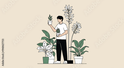 A young man standing surrounded by several potted houseplants in a minimal style