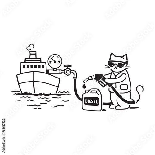 Cat captain refueling a large ship with diesel from a jerrycan by meter.
