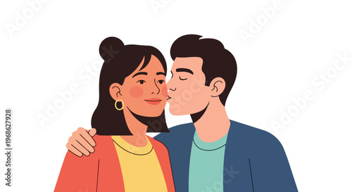 Young man kissing his girlfriend on the cheek, romantic couple illustration