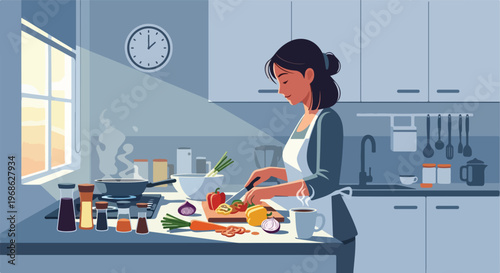 A woman in an apron stands in a sunlit kitchen preparing fresh meal ingredients