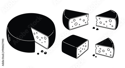 A black and white illustration depicts various forms of swiss cheese including wedges and blocks in silhouette high quality professional detailed