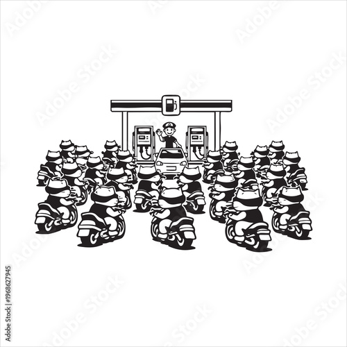 A cat police officer at a gas station is directing traffic with motorcycles and cars.