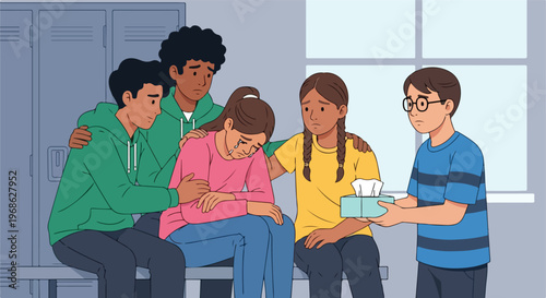 A group of concerned children comforts a crying girl in a school locker room