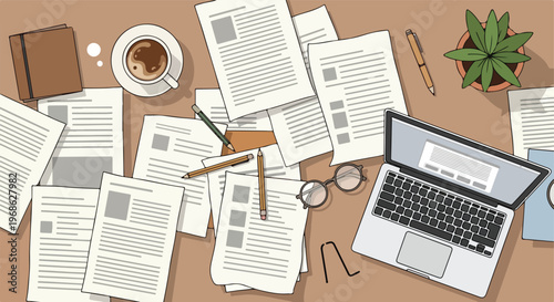 A flat-lay illustration of a busy office desk filled with papers and electronics