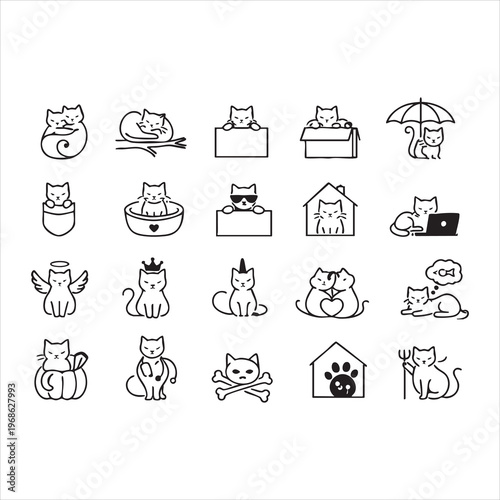 A diverse set of cute cat icons illustrating various activities and expressions.