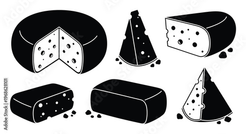 A collection of various cheese shapes and slices depicted in a stark black graphic silhouette high quality professional detailed modern elegant