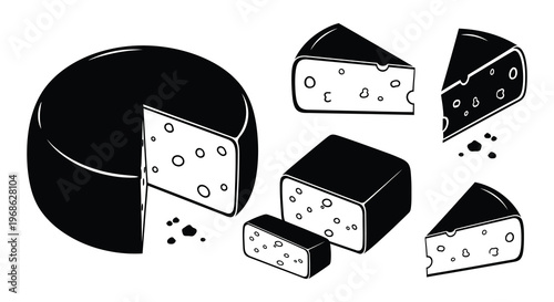 A black and white illustration depicts various cheese shapes and sizes creating a striking visual composition silhouette high quality professional detailed