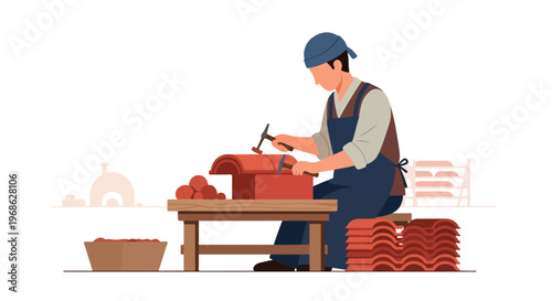 A flat vector illustration of a person handcrafting traditional ceramic roof tiles