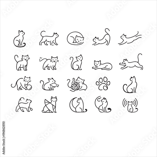 Various cute cat line art icons depicting diverse feline poses and activities