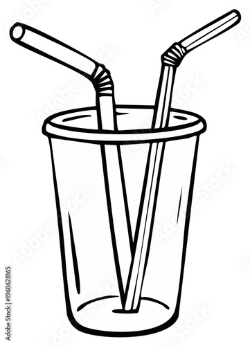 Illustration of a clear plastic cup with two striped drinking straws inside