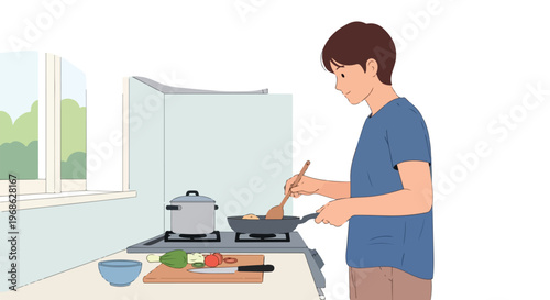 A young man standing in a bright kitchen carefully cooking food in a frying pan