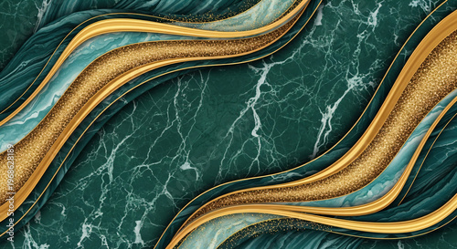 Green Marble Background With Wavy Gold Glitter Curves