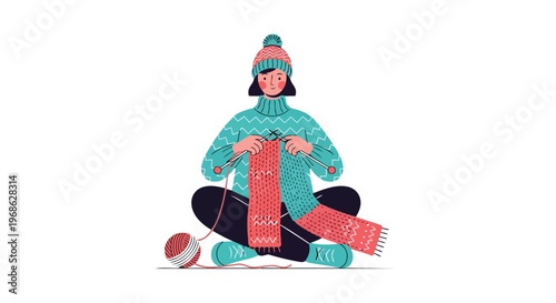 Young woman knitting a red scarf in winter clothes