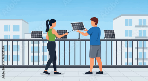 A man and a woman installing small solar panels on a balcony of an apartment