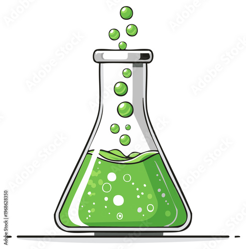 Erlenmeyer flask with bubbling green liquid for scientific experiments and chemistry