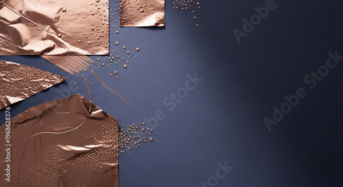 Rose Gold Copper Foil On Navy Blue Textured Background Copy Space